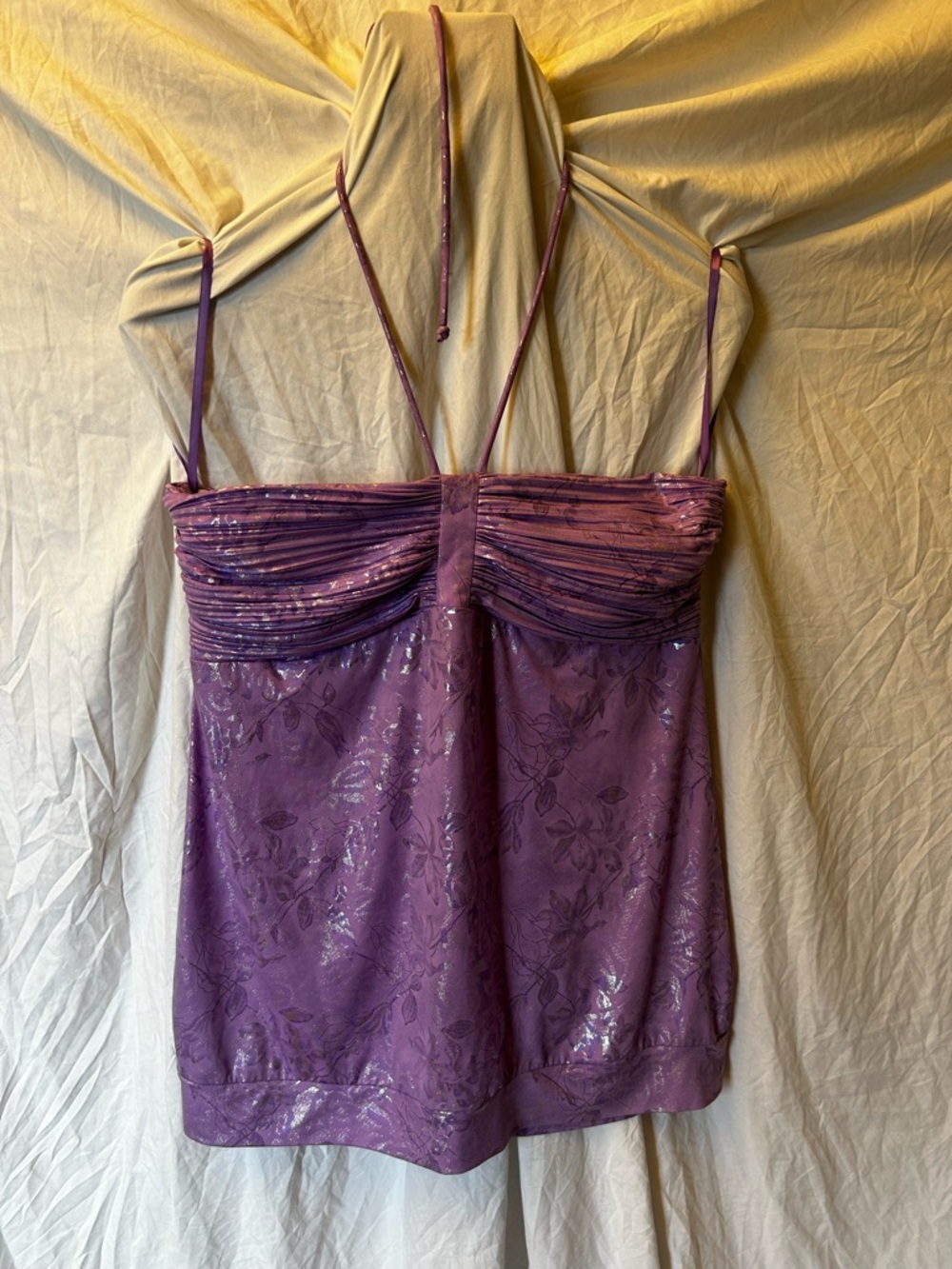 Y2K Purple Metallic Floral Halter Top Le Chateau Ruched Bust Party Top XXL